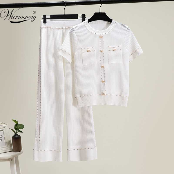 

runway design thin hollow out t-shirt women bright silk knitted summer short sleeve casual + pants two-piece set c-105, White