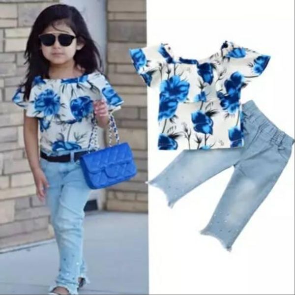 

girls clothes children's new suits flower printing word shoulder jacket fashion girls rhinestone jeans two-piece suit, White