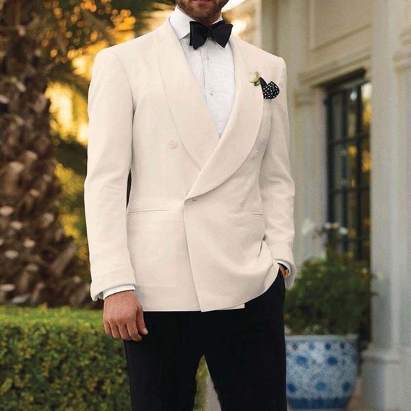 

2020 beige double breasted jacket with black pants groom men suit wedding tuxedo male fashion costume set trajes de hombre, White;black