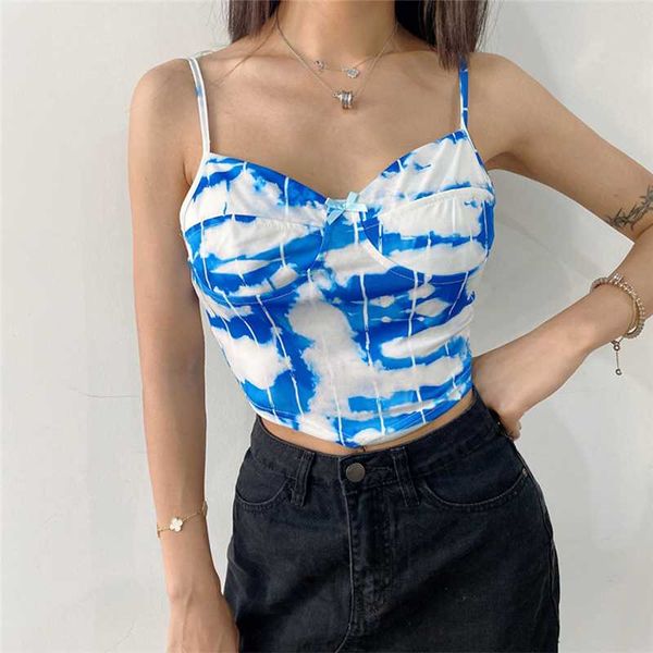

e-girl tie dye spaghetti strap cute crop summer fashion backless skinny colorful camis streetwear party, White