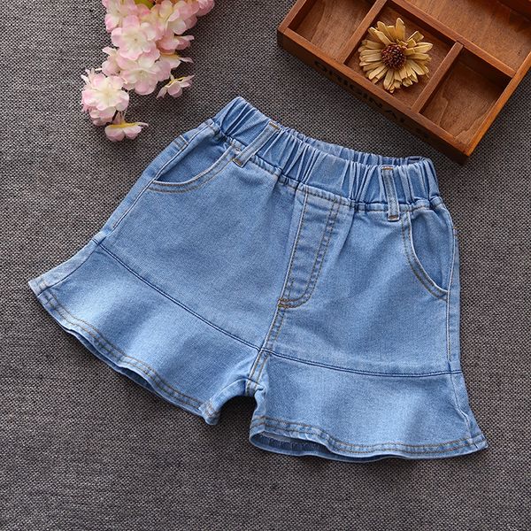 

girls' denim shorts 2019 new korean style medium large children's ruffled and jeans shorts and jeans skirt, Blue
