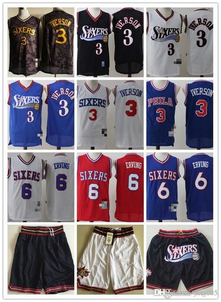 

mens philadelphia 76ers 3 allen iverson 6 julius erving black white blue red basketball jerseys basketball shorts, Black;red
