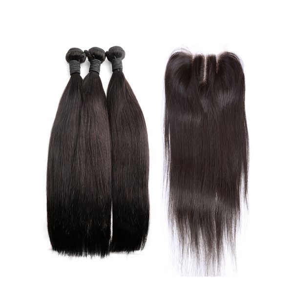 

human hair wefts with lace closure 3 part brazilian hair silky straight natural color 834 inch, Black