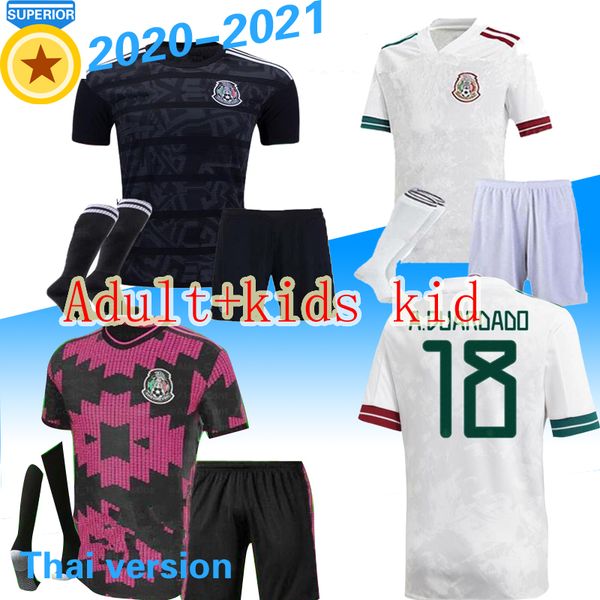 

kids men kit + sock 2020 mexico soccer jerseys 20 21 h.lozano dos santos chicharito national team boy sports football uniform shirts, Black;yellow