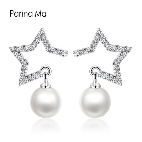 

panna ma crystal zircon star imitation pearl pendant stud earrings sweet fashion party silver jewelry gift for women brincos, Golden;silver