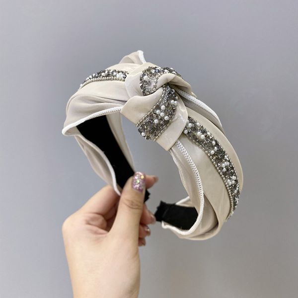 

2020 new women pearls rhinestones knotted hairbands simple temperament leather lace wide side head band hair hoop girls hair accessories, Silver