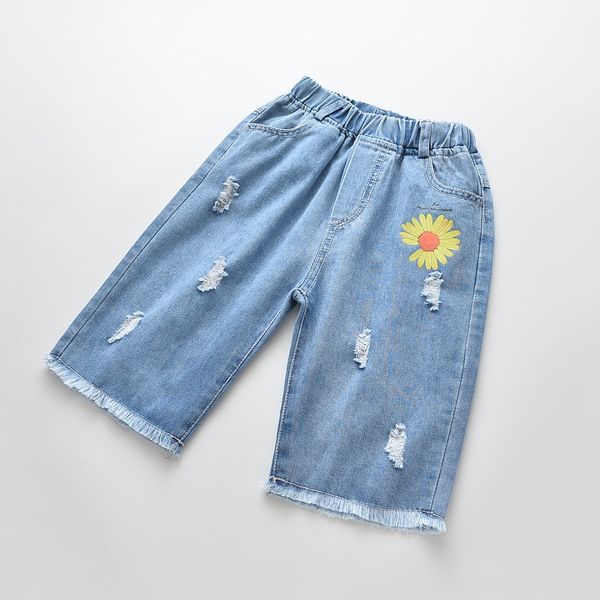 

0411-13 2020 summer new flower-pierced and trousers and trousers girls' pants leg burrs denim middle pants, Blue