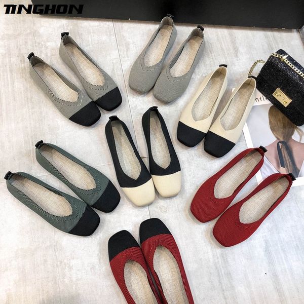 

tinghon women slip on flat loafers square toe shallow ballet flats shoes knitting casual flat shoes ballerina patchwork flats, Black