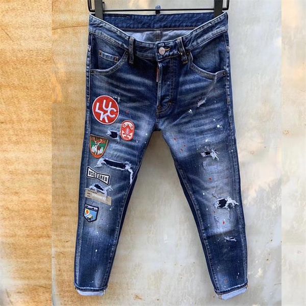 

classic slim mens jeans badge men clothing fit straight pants casual pants motorcycle slim feet couple outfit, Blue