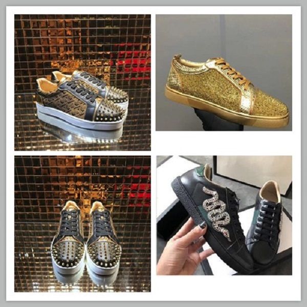 

men women red bottom sneakers golden snake genuine leather high studded spikes flats, Black