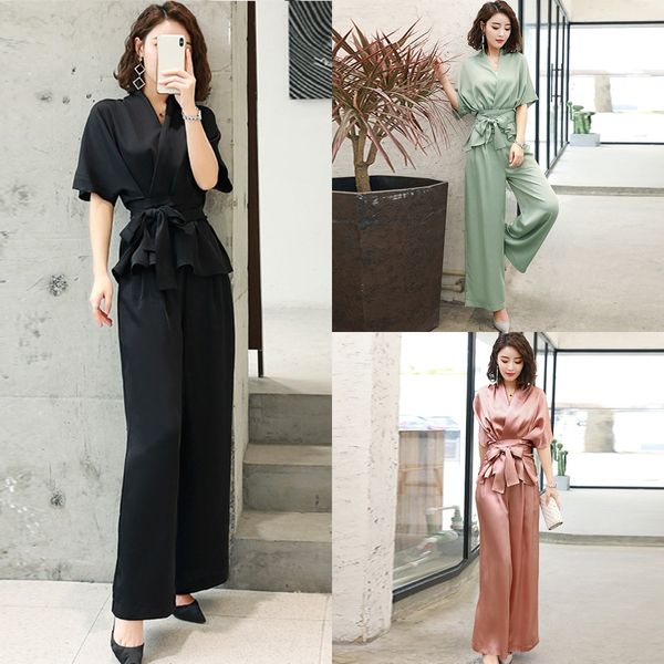 

rkfwr 2020 new summer wide wide leg pants clothes available fashion all-match women's two-piece suit wide-leg pants v-neck comfortab, Gray
