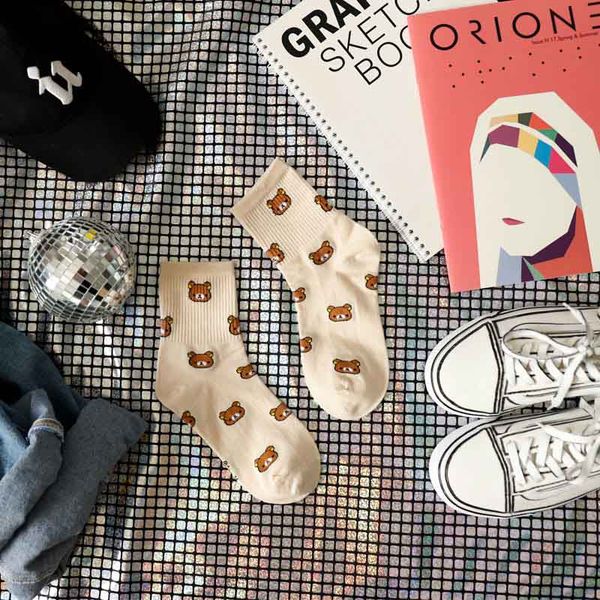 

cute kawai cartoon women combed cotton socks women funny bear 5 colors lovely animal pattern casual sock, Black