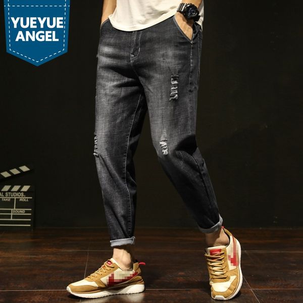 

plus size 42 mens hole ripped jeans harem pants casual slim fit ankle length denim pencil pants man streetwear cowboy trousers, Blue