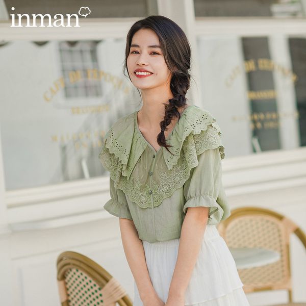 

inman summer new arrival elegant loose style elastic half sleeve double layered lotus lace blouse, White
