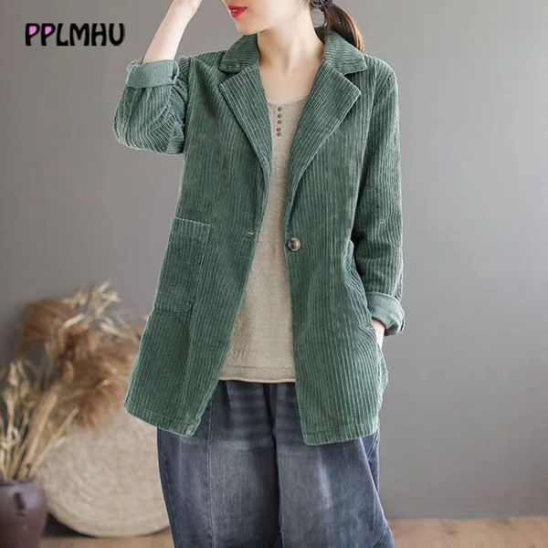 

women's jackets retro solid color double pocket corduroy jacket female 2021 art style mid-length coat spring and autumn casual loose ou, Black;brown