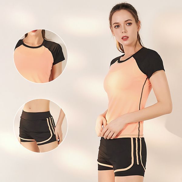 

2020 new yoga women sport shorts 2 piece set quick drying shirts yoga female t-shirt tights gym running short pants, White;red