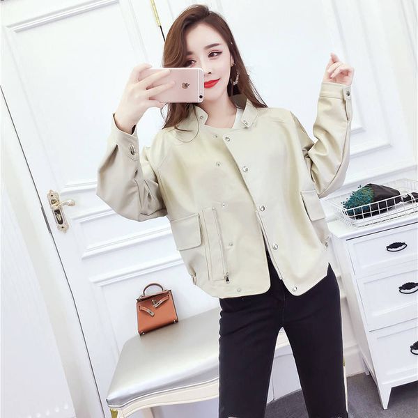

2020 new spring autumn women's pu faux leather punk loose jacket female short high waist outwear motorcycle biker coats a78, Black