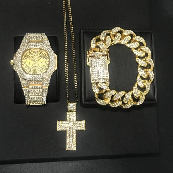 

мужчины золото diamond часы хип-хоп ювелирные часы браслет ожерелье combo set мужчины крест кулон хип-хоп ювелирных изделий набор для, Slivery;brown