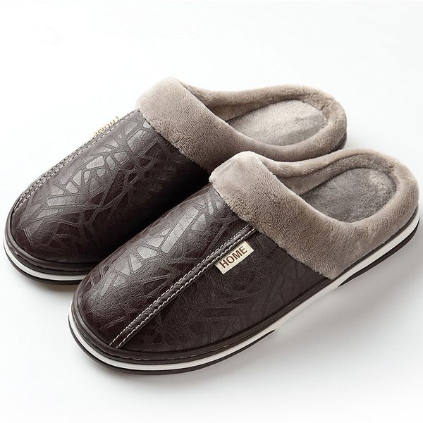 

men's slippers indoor leather winter waterproof warm home fur lady slippers men's couples shoes large size, Black