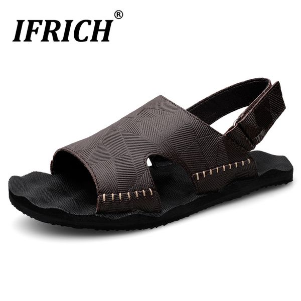 

new trend men beach sneakers black brown leather sandals leisure men large size walking sandals brand outdoor man