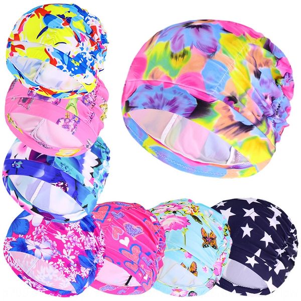 

men's and women's long hair korean swimming swimming cap fashion cute floral solid color large ear protection pleated cap