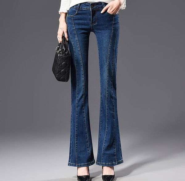 

повседневные вспышки брюки для женщин плюс размером джинсы середины талии полнометражной осень весеннего похудением новых модные брюки tyn07, Blue