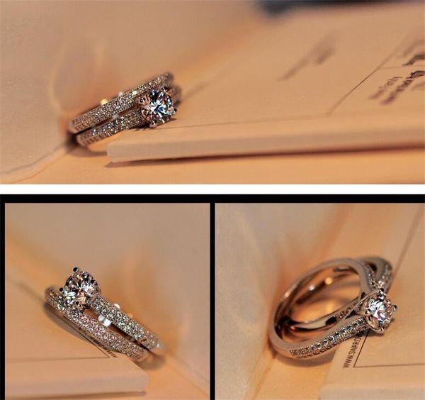 

2pcs / л установлен promise cz камень кольца bamos роскошные женский белый свадебное кольцо установить мода 925 серебро ювелирные изделия за, Slivery;golden