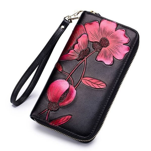 

flower genuine leather women's wallet female long walet women carteira lady clutch money bag coin purse cartera mujer portomonee, Red;black