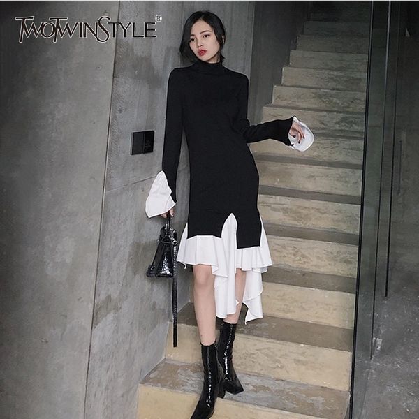 

twotwinstyle knitting dress female flare long sleeve turtleneck patchwork ruffle hem irregular women's dresses 2020 autumn new, Black;gray