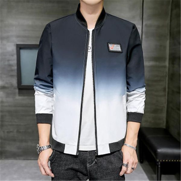 

man stand collar jacket coats fashion korean trend gradient print long sleeved designer male spring teenager autumn zipper pocket outerwear, Black;brown