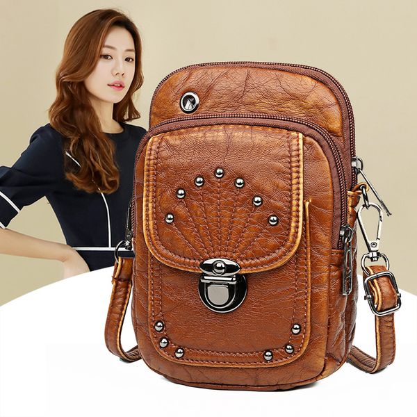 

vintage rivet shoulder bag for women soft pu leather mobile phone bag small crossbody designer square lady purse bolsa