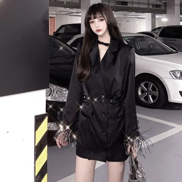 

black elegant design sense niche ostrich feather cuff satin glossy net red midi suit jacket female, White;black