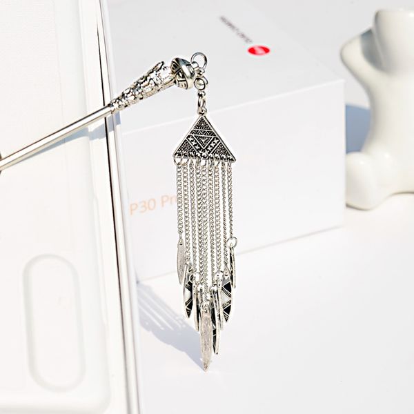

2020 women's geometric alloy long chain tassel dangle hair sticks chinese style vintage triangle sliver color hair pins headwear, Golden;silver