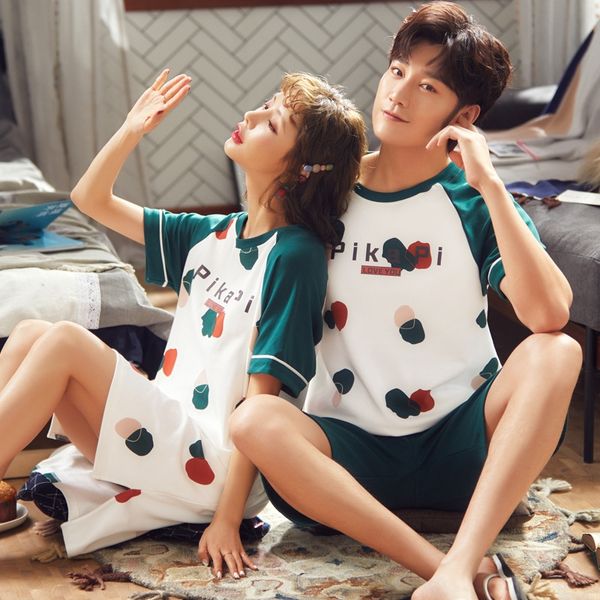 

0lzff couple's women's summer suit men's short-sleeved summer cotton home clothes can be worn outside korean style nightgown, Blue;red