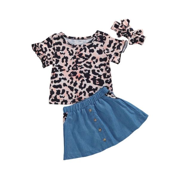 

toddler baby girls summer clothes set round neck short sleeve leopard t-shirt + denim button skirt +headband 3pcs outfit, White