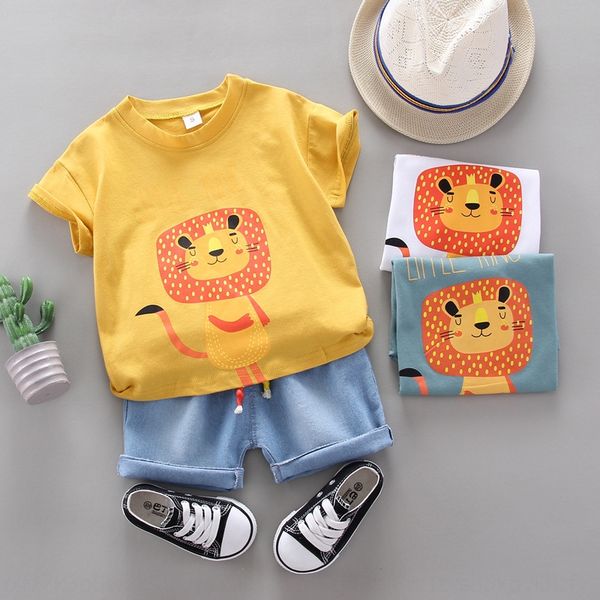 

wh9ga children's casual summer clothes boyscartoon lion printed round neck short sleeve t-shirt set all-match baby t-shirt clothingclot