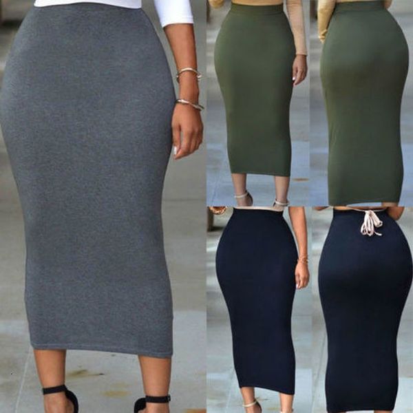 

thick high waist slim skirt women bodycon casual stretch long maxi pencil skirt summer pure colour long skirts 2020, Black