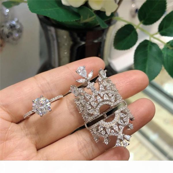 

алмаз обручальные кольца sparkly два piece set корона кольца для женщин свадьба мода ювелирные подарки бесплатная доставка, Silver