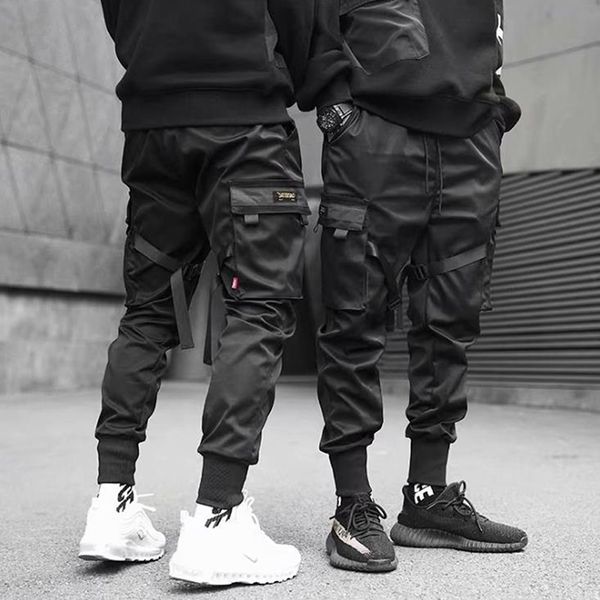 Calça Masculina 2021 Hip Hop Boy Multi-bolso Elastic Waist Design Harém Pant Men Streetwear Punk Calça Casual Jogger Masculino Dança Preto