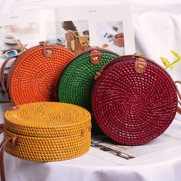 

лето бали рук woven женщины rattan сумка круглая плечи crossbody сумка пляж соломенная сумка bohemian вязание путешествие круговая сумки