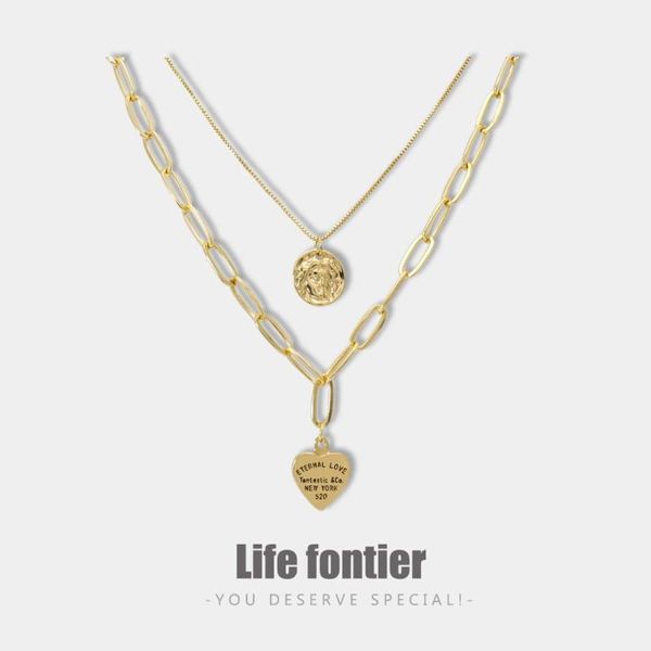 

lifefontier vintage gold color love heart pendant necklaces for women girl chunky chain portrait layered necklace boho jewelry, Silver