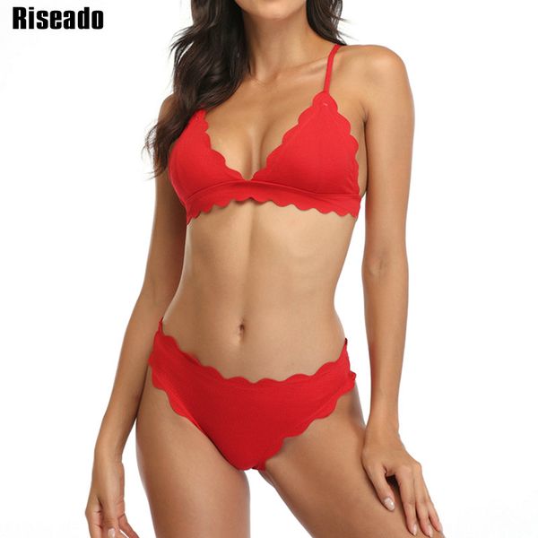 

riseado scalloped edge bikinis set push up swimsuit women solid swimwear cross bandage bathing suit biquini 2020 beach wear, White;black