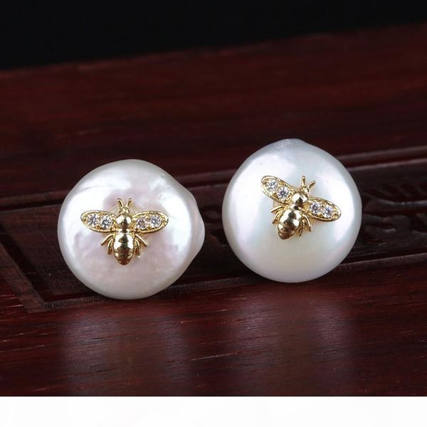 

micro pave white clear cz tiny honeybee bee insect charms natural coin freshwater pearl bead charm stud earring for women, Golden