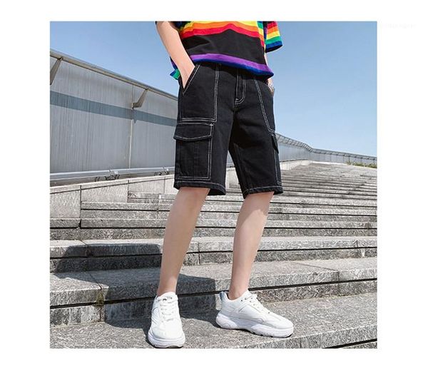 

summer high street knee length cargo short men loose straight casual colothes mens black pocket demin shorts man, White;black
