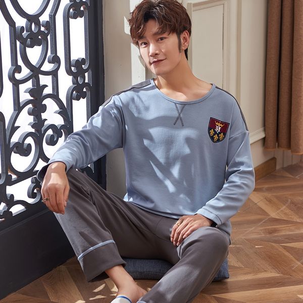 

mvqid 2019 autumn long-sleeved men's simple thin home clothes set 2019 autumn pajamas cotton long-sleeved men's pajamas simple cot, Blue;red