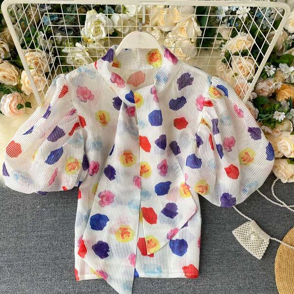

women's blouses & shirts [ewq] 2021 summer puff sleeve women blouse and korea lace-up bow tie loose color big wave point pullover shir, White