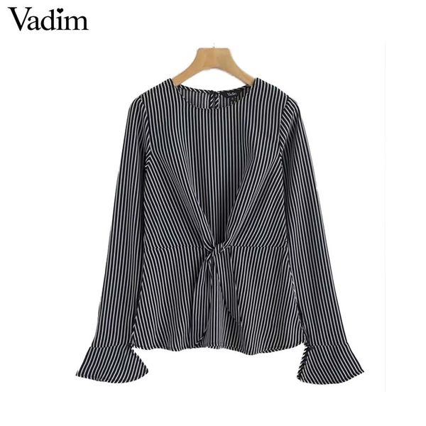 

vadim flare sleeve striped knot design shirt bow tie long sleeve o neck blouse casual autumn wear blusas mujer lt2358, White