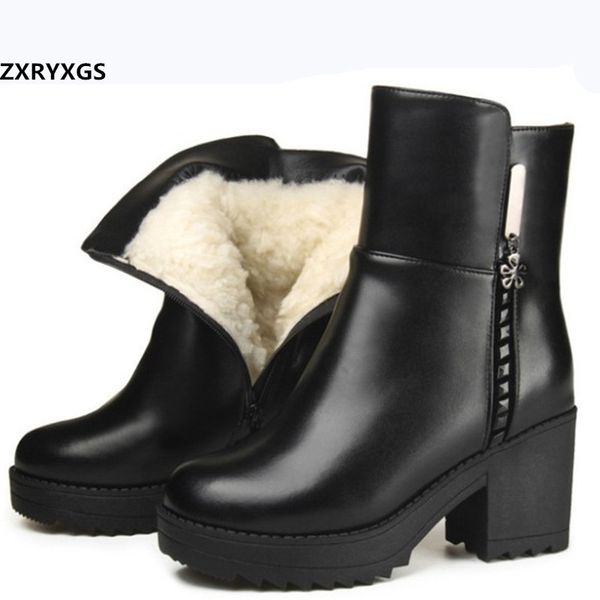 

new fashion 100% natural full genuine leather boots 100% wool warm shoes snow boots women high heel non-slip, Black