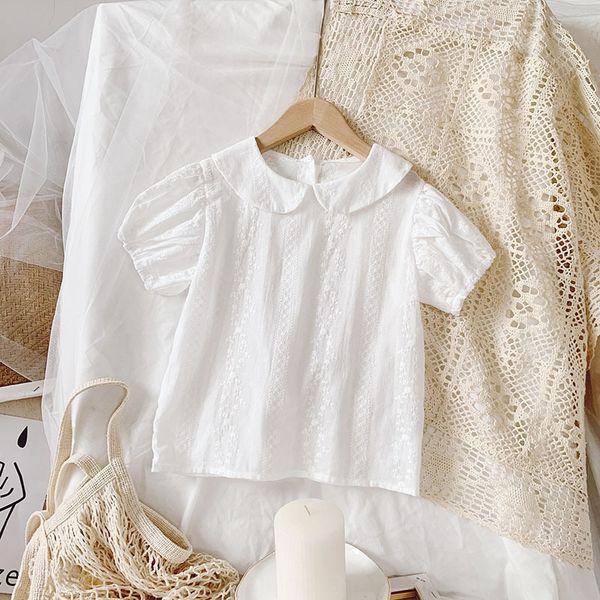 

girls 2020 summer cotton breathable comfortable doll embroidered shirt embroidered doll collar korean style short sleeve baby shirt, White;black