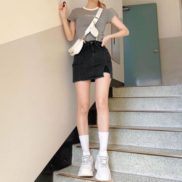 

elegant denim split pants high waist elegant dress denim dress skirt women's 2020 spring new women's clothing, Black